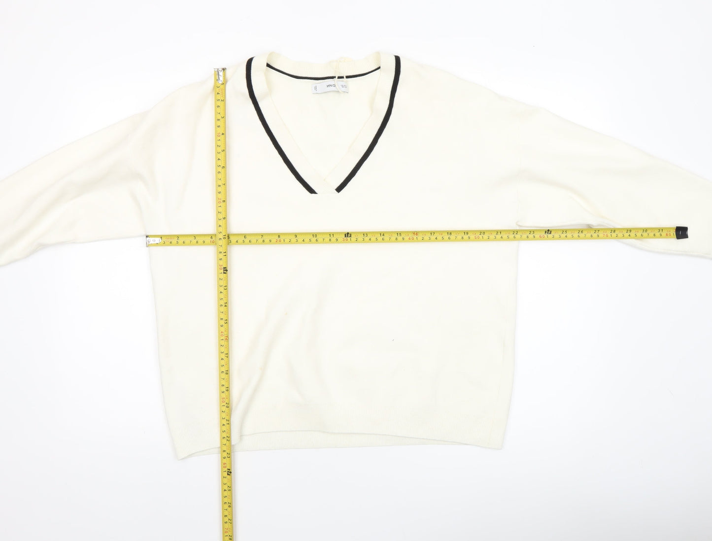 MNG Women's Ivory V-Neck Knit Jumper Size S Classic Style