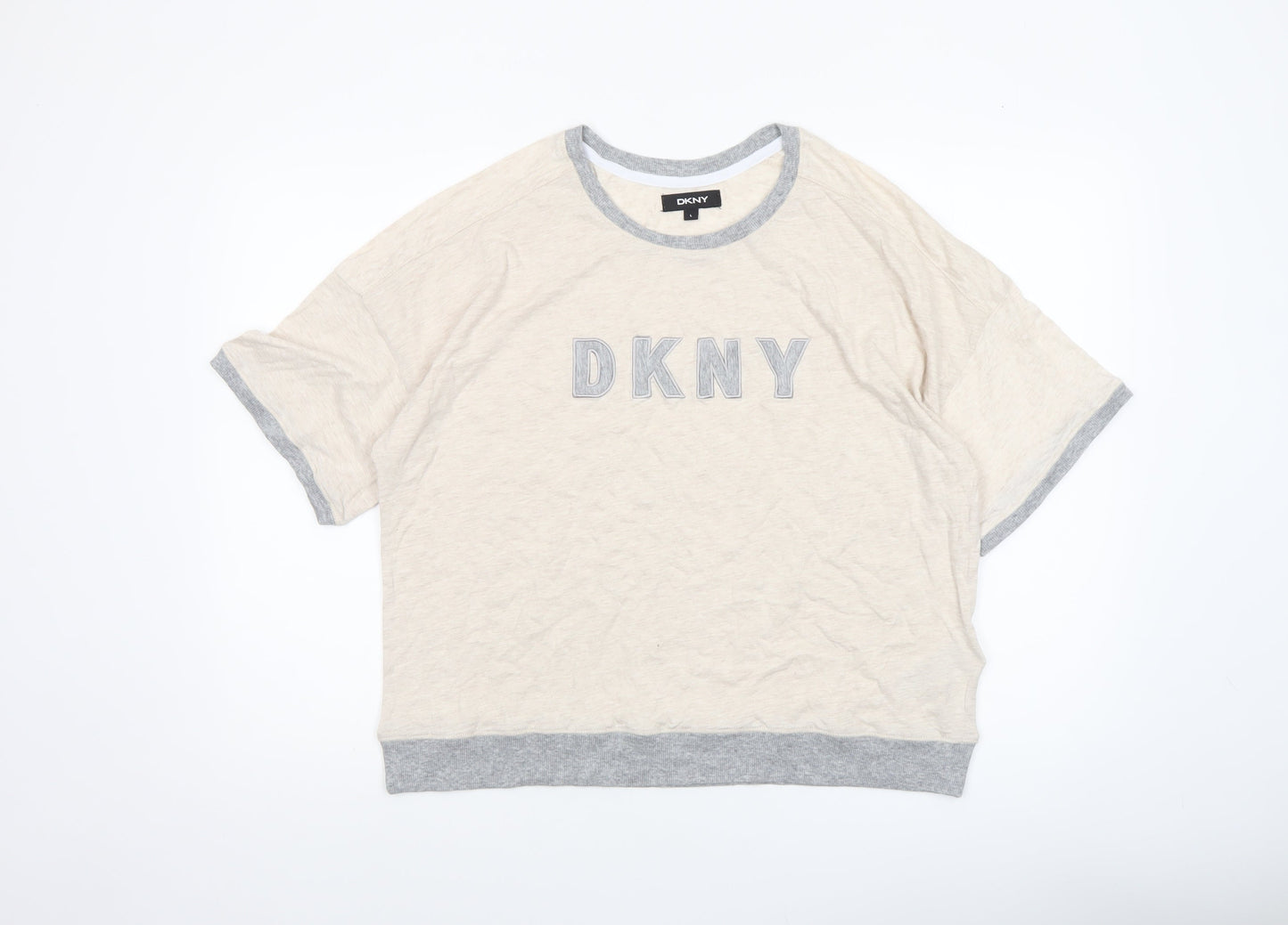 DKNY Women’s Beige Grey Trim Logo Short Sleeve Relaxed Fit T-Shirt L
