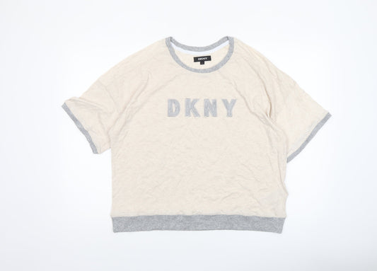 DKNY Women’s Beige Grey Trim Logo Short Sleeve Relaxed Fit T-Shirt L