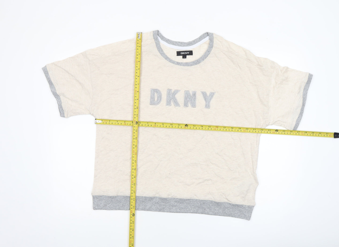 DKNY Women’s Beige Grey Trim Logo Short Sleeve Relaxed Fit T-Shirt L
