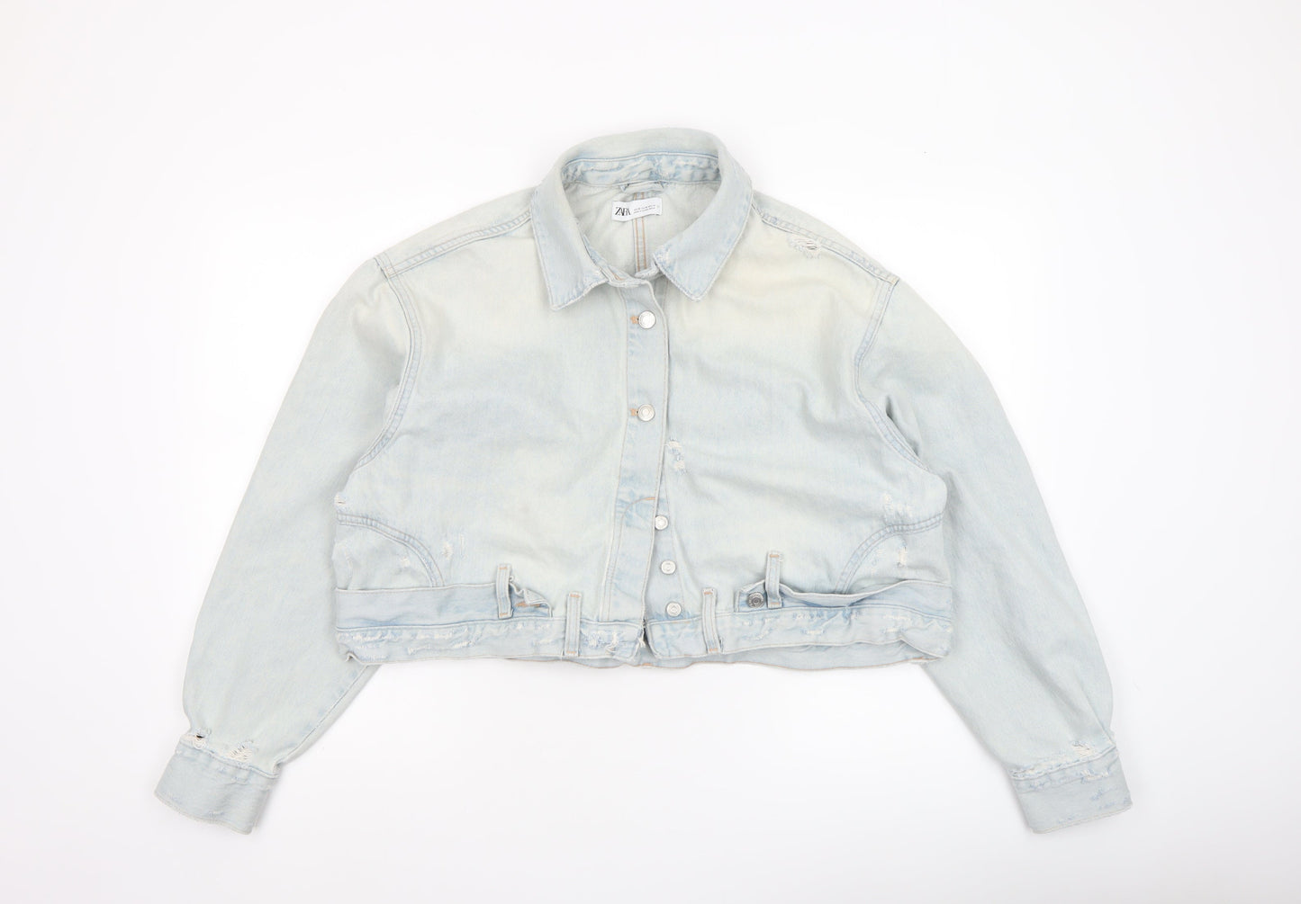 Zara Women Blue Cropped Denim Jacket Size 12 Buttoned Belted Casual
