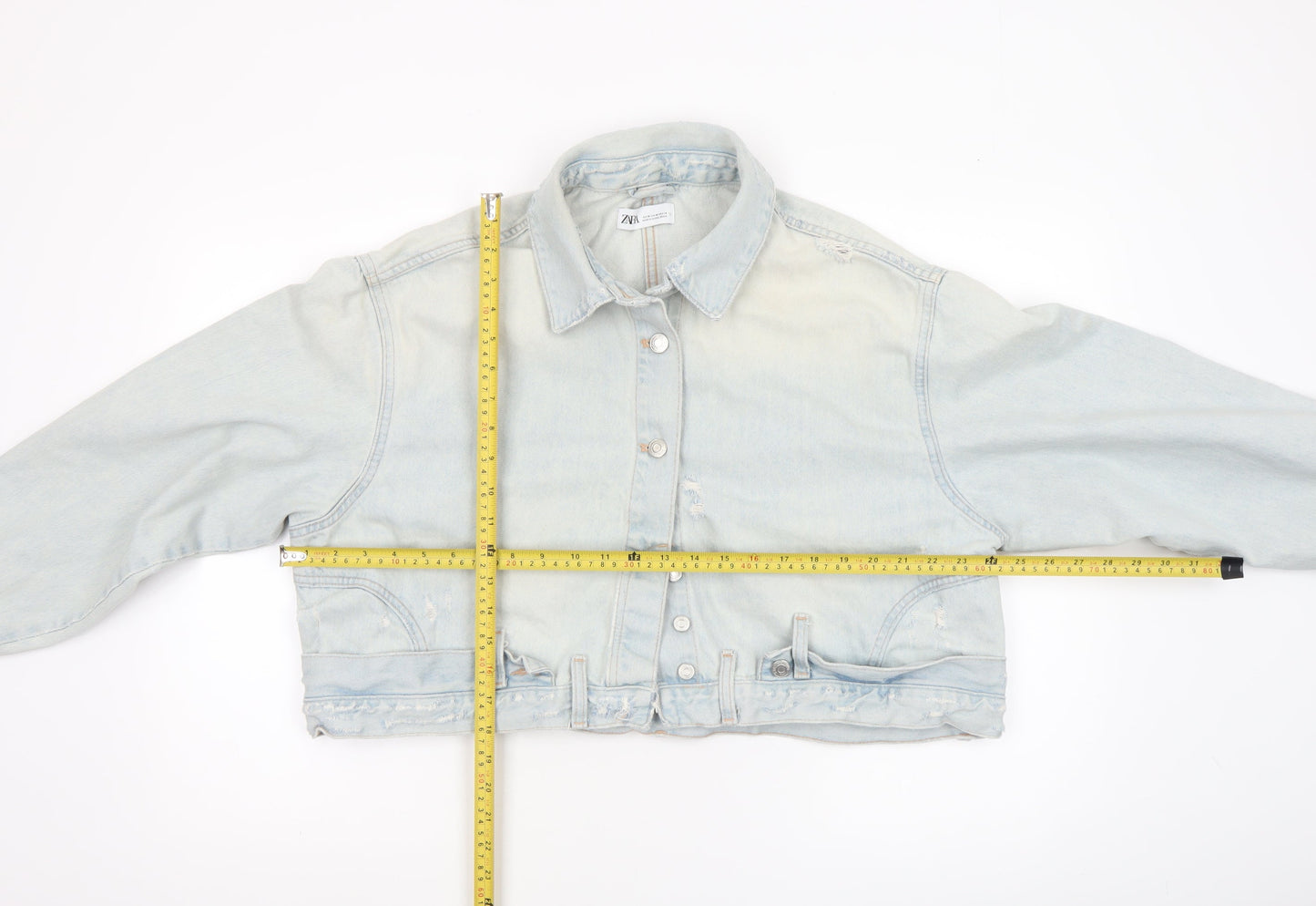 Zara Women Blue Cropped Denim Jacket Size 12 Buttoned Belted Casual