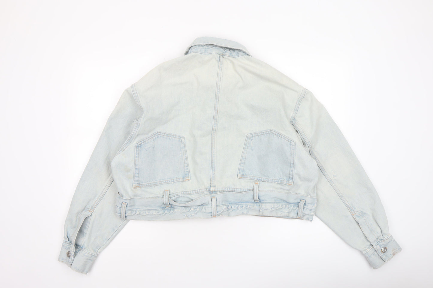 Zara Women Blue Cropped Denim Jacket Size 12 Buttoned Belted Casual