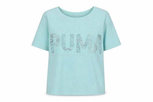 Front view of Puma women’s blue xs mesh lightweight short sleeve active t-shirt