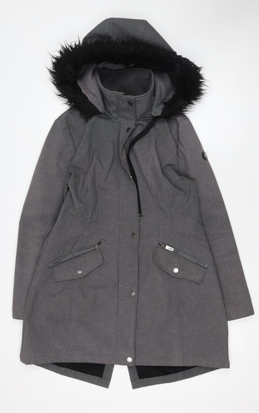Elena J Womens Grey Hooded Parka Coat Size M Faux Fur Trim Lined