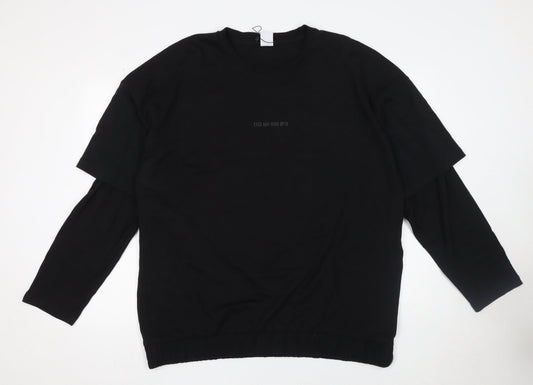 Zara Men's Black Long Sleeve Crew Neck Graphic T-Shirt XL