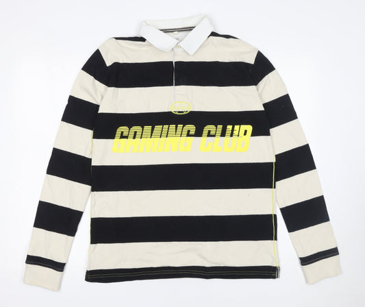 Marks and Spencer Boys Black Striped Long Sleeve Gaming Polo Shirt 15-16 Years