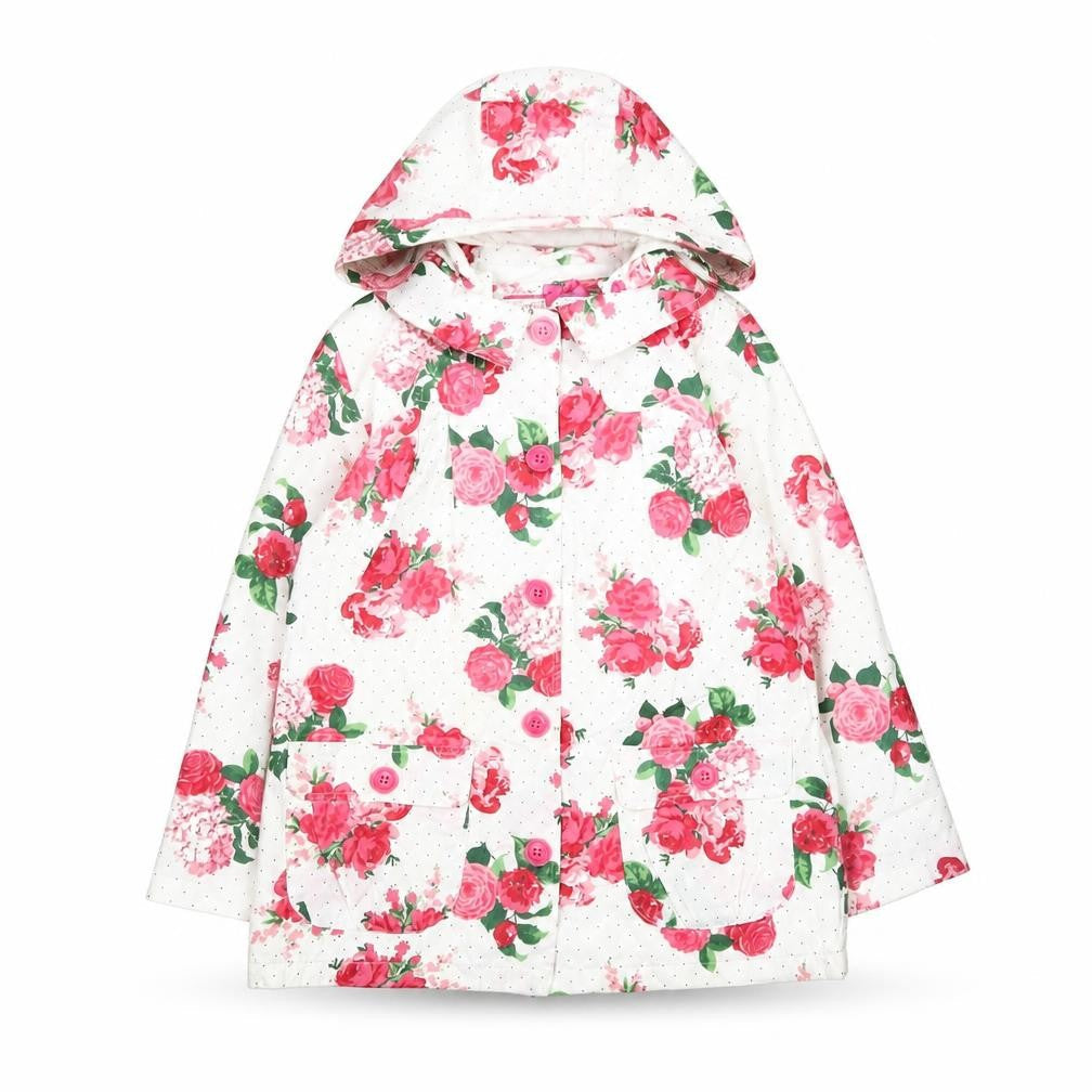Mothercare Girls White Floral Hooded Rain Coat 6-7 Years Cotton Lined