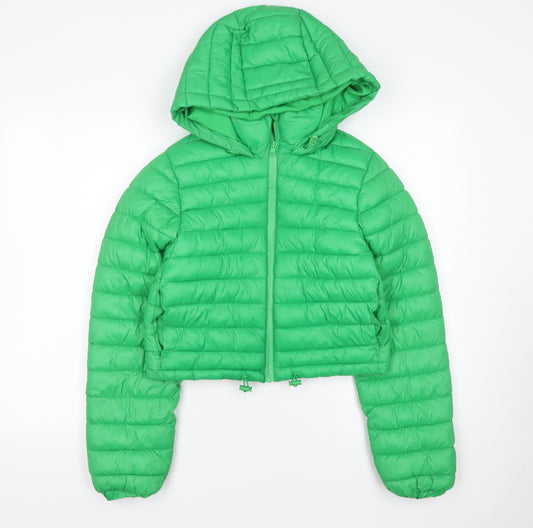 Primark Cares Womens Green 2XS Cropped Puffer Jacket Hooded Lightweight