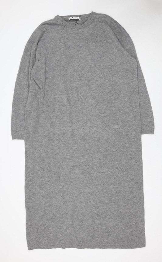 Zara Women Grey Wool Blend Long Sleeve Midi Jumper Dress Size 12