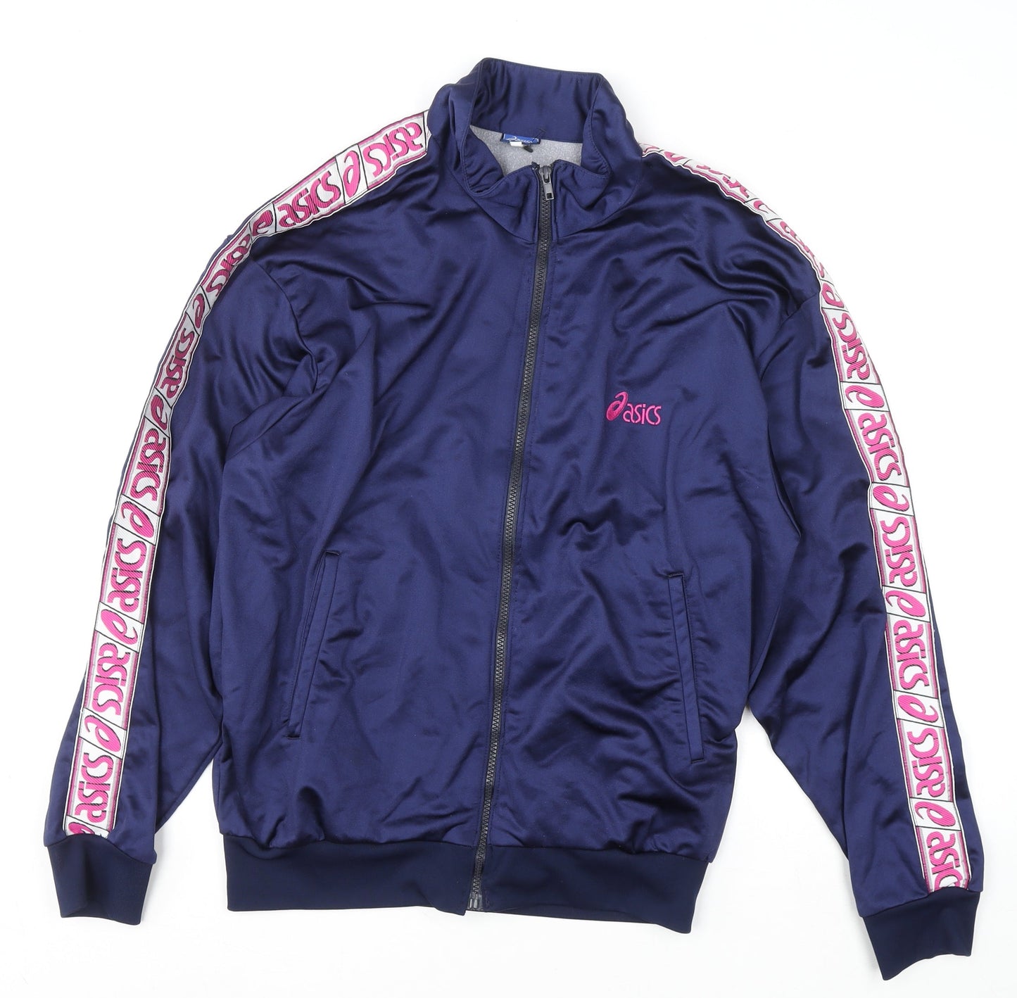 Asics Men Blue Full Zip Sweatshirt L Logo Tape Track Top