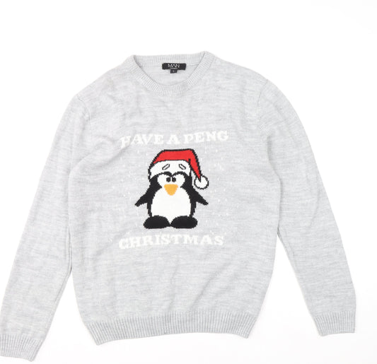 boohooMAN Men's Grey L Christmas Penguin Crew Neck Jumper