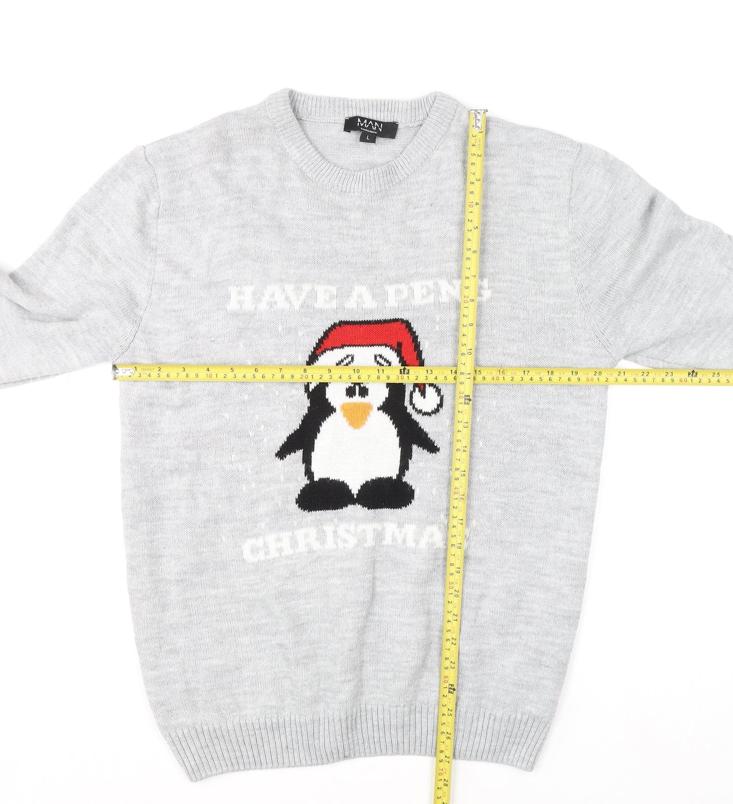 boohooMAN Men's Grey L Christmas Penguin Crew Neck Jumper