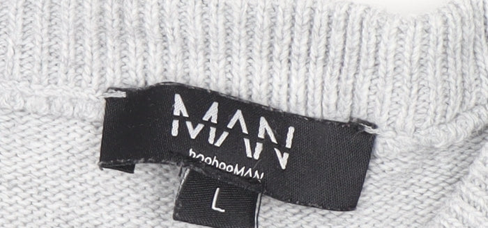 boohooMAN Men's Grey L Christmas Penguin Crew Neck Jumper