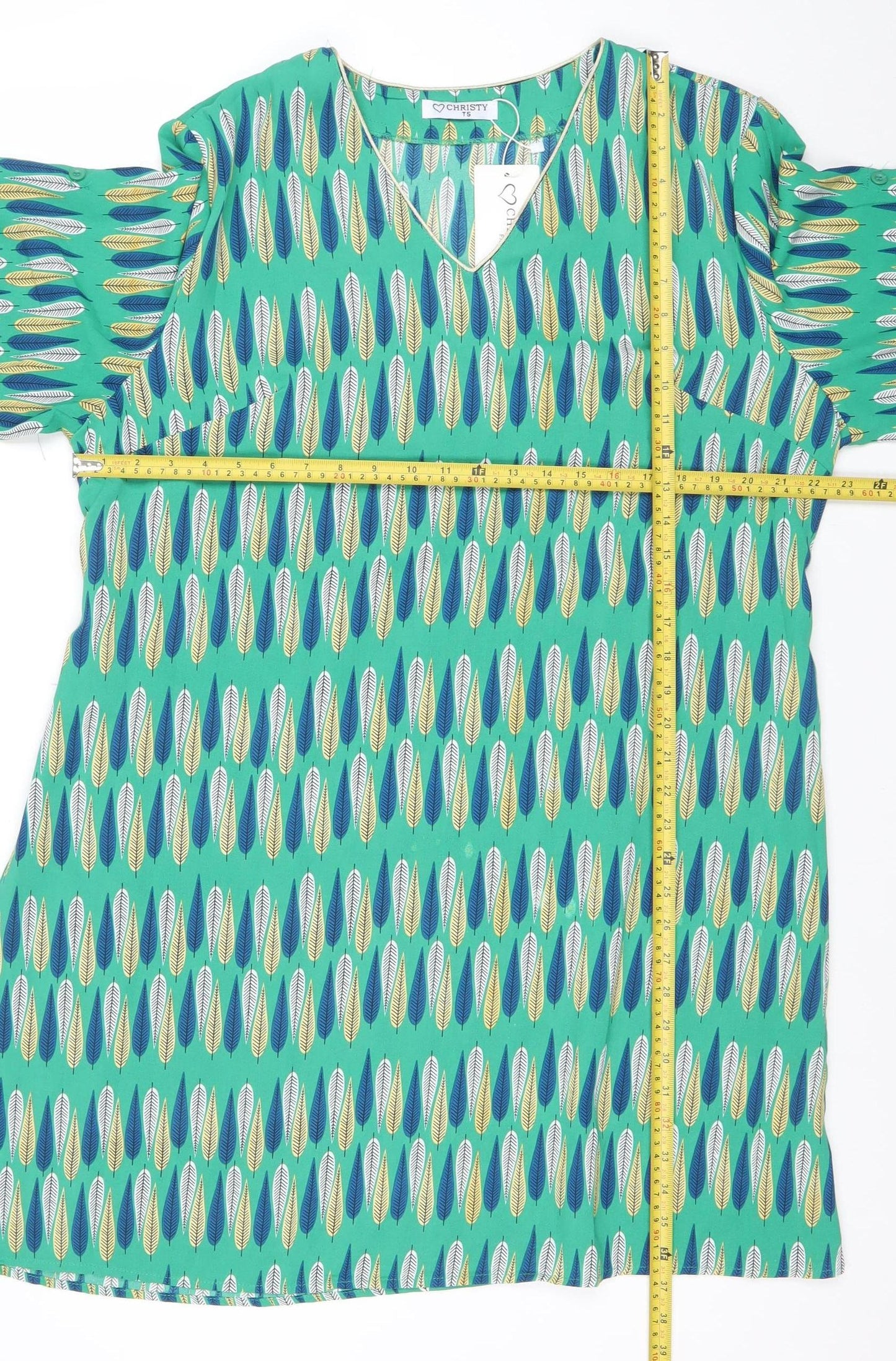 Christy Womens Green Geometric Shift Dress Size 15 V-Neck Casual
