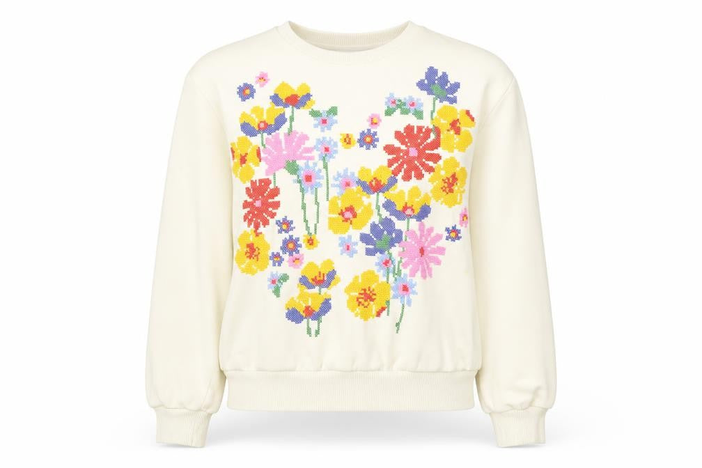 Zara Women Ivory Floral Pullover Sweatshirt Size S Cotton Blend