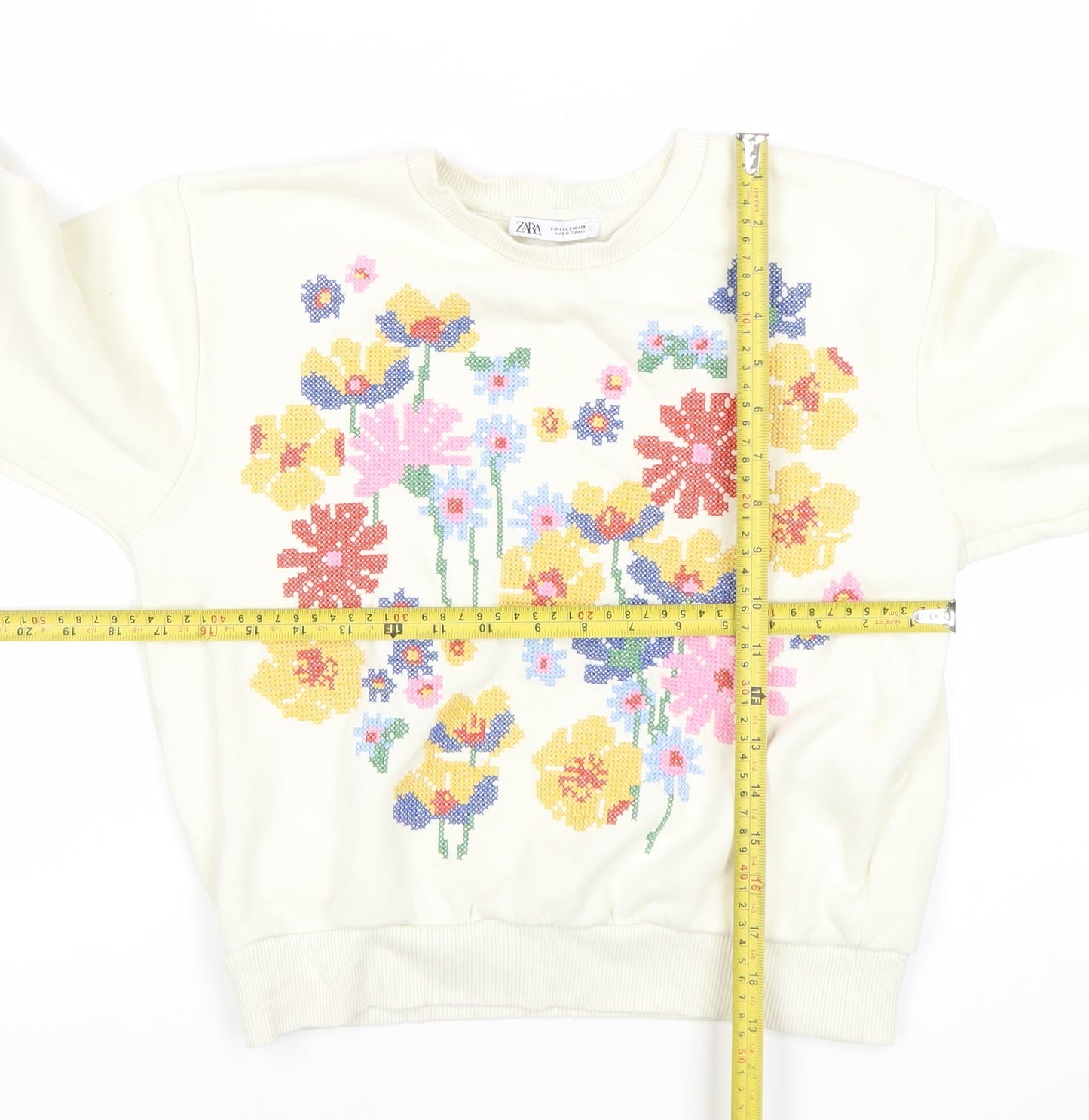 Zara Women Ivory Floral Pullover Sweatshirt Size S Cotton Blend