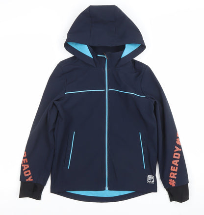 Additional front view of s.Oliver boys’ blue hooded soft shell jacket 8 years lined water resistant