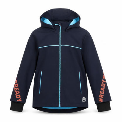 Front view of s.Oliver boys’ blue hooded soft shell jacket 8 years lined water resistant