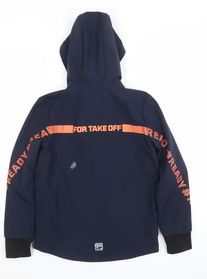 Close-up detail of s.Oliver boys’ blue hooded soft shell jacket 8 years lined water resistant