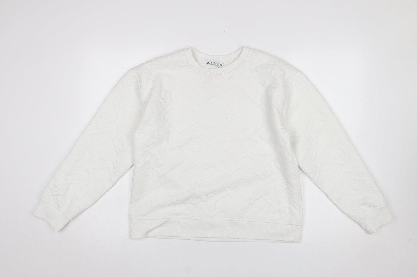 Zara Women White Textured Crew Neck Long Sleeve Sweatshirt Size S