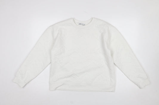 Zara Women White Textured Crew Neck Long Sleeve Sweatshirt Size S