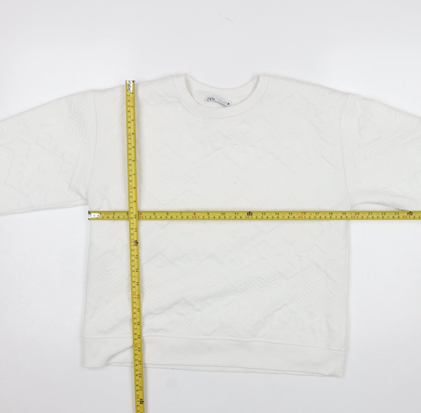 Zara Women White Textured Crew Neck Long Sleeve Sweatshirt Size S