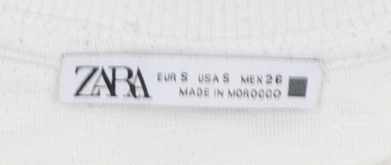 Zara Women White Textured Crew Neck Long Sleeve Sweatshirt Size S