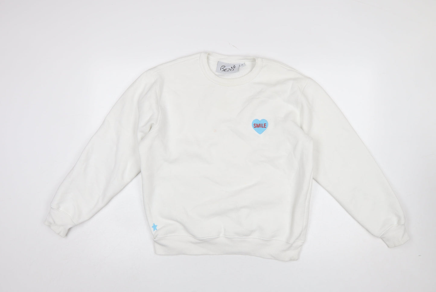 Bezo Women White Pullover Sweatshirt Medium Cotton Blend Smile Print