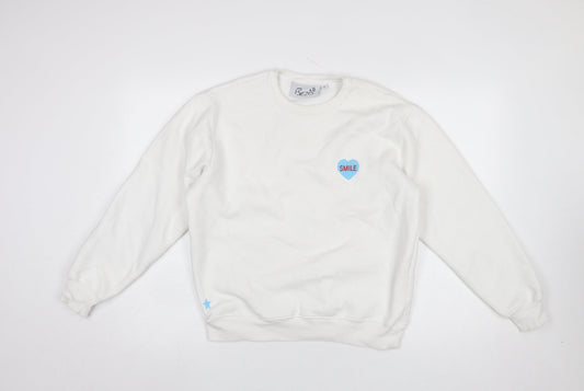 Bezo Women White Pullover Sweatshirt Medium Cotton Blend Smile Print
