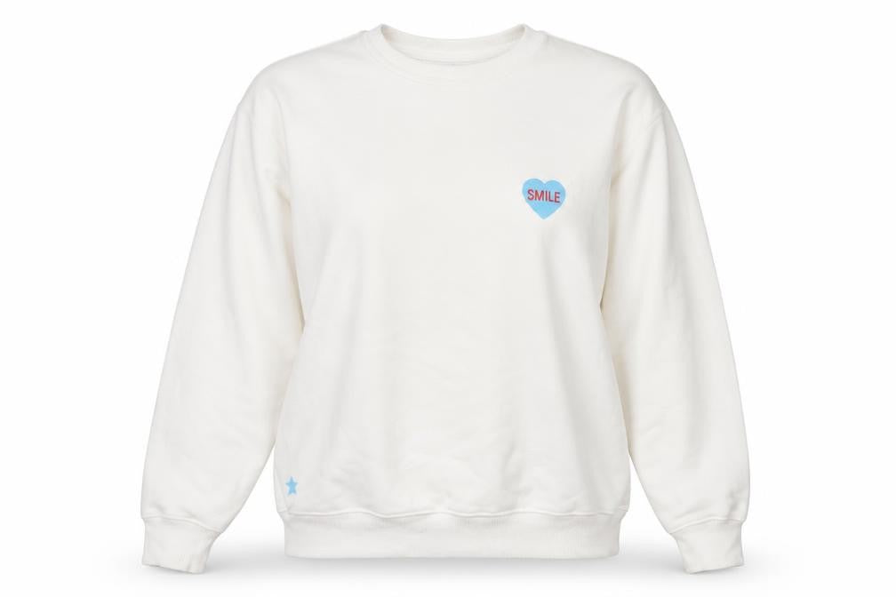 Bezo Women White Pullover Sweatshirt Medium Cotton Blend Smile Print