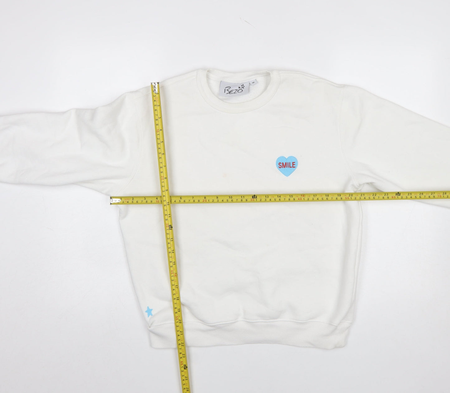 Bezo Women White Pullover Sweatshirt Medium Cotton Blend Smile Print