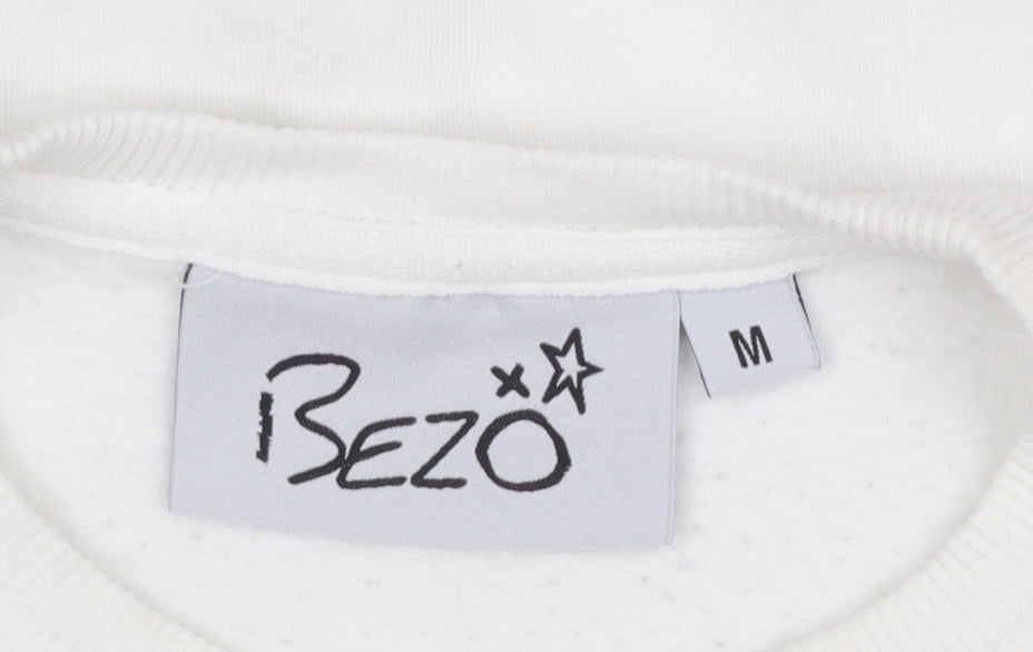 Bezo Women White Pullover Sweatshirt Medium Cotton Blend Smile Print