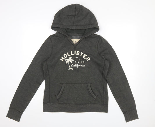 Hollister Women’s Charcoal Pullover Hoodie L Logo Print Cotton Blend