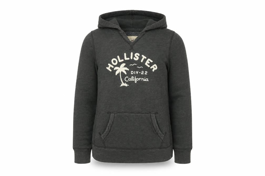 Hollister Women’s Charcoal Pullover Hoodie L Logo Print Cotton Blend