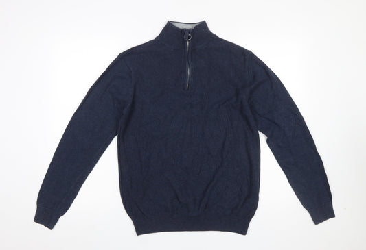 Haworth Men Blue Cotton 1/2 Zip High Neck Jumper Size S