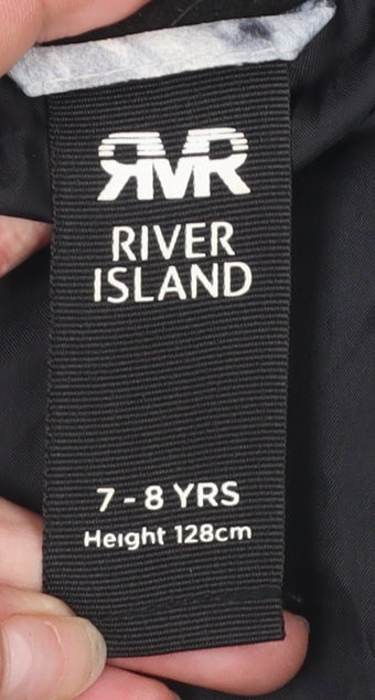 Brand and care label for River Island boys’ black & white tie dye puffer jacket 7-8 years winter coat
