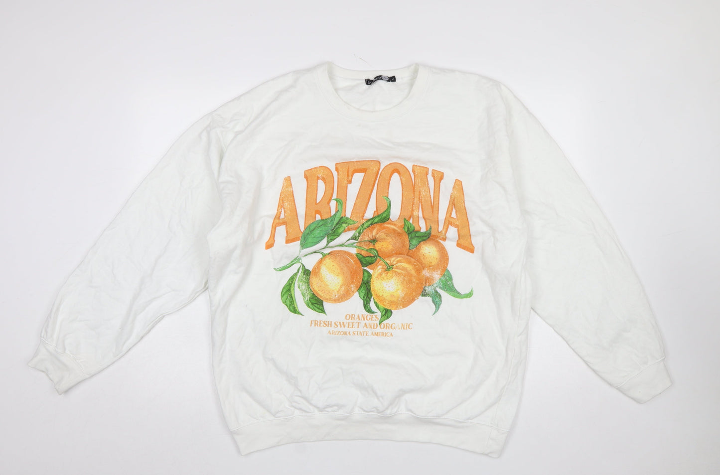 Boohoo Tall Womens White Arizona Orange Print Pullover Sweatshirt Size L