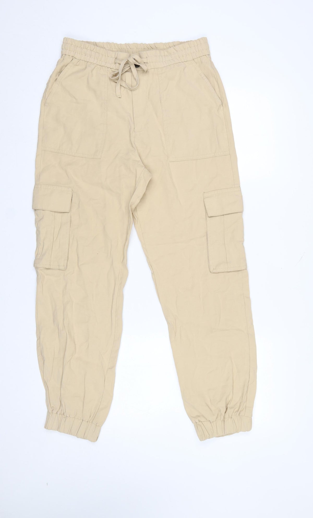 Zara Women Beige Cotton Cargo Trousers S Relaxed Fit Drawstring