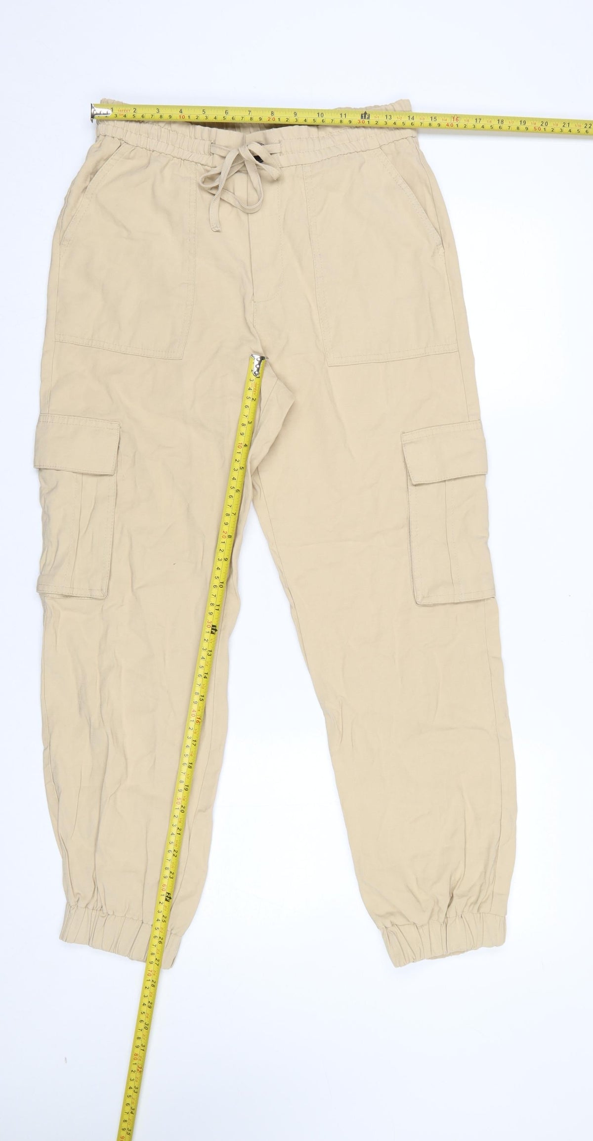 Zara Women Beige Cotton Cargo Trousers S Relaxed Fit Drawstring
