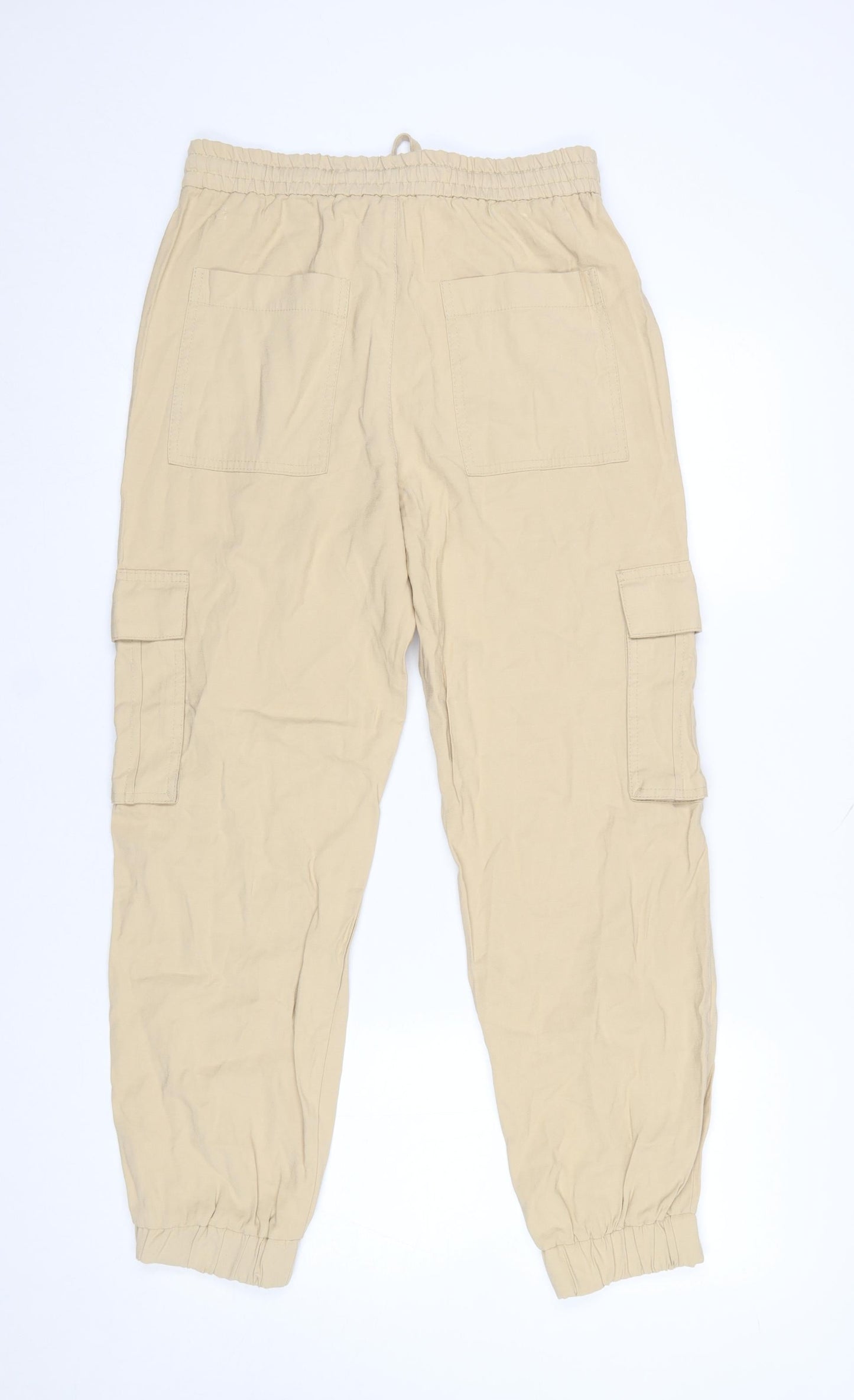 Zara Women Beige Cotton Cargo Trousers S Relaxed Fit Drawstring
