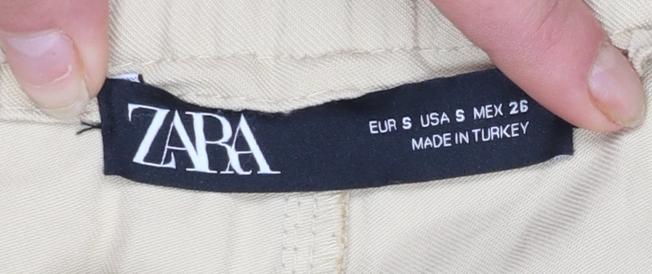 Zara Women Beige Cotton Cargo Trousers S Relaxed Fit Drawstring