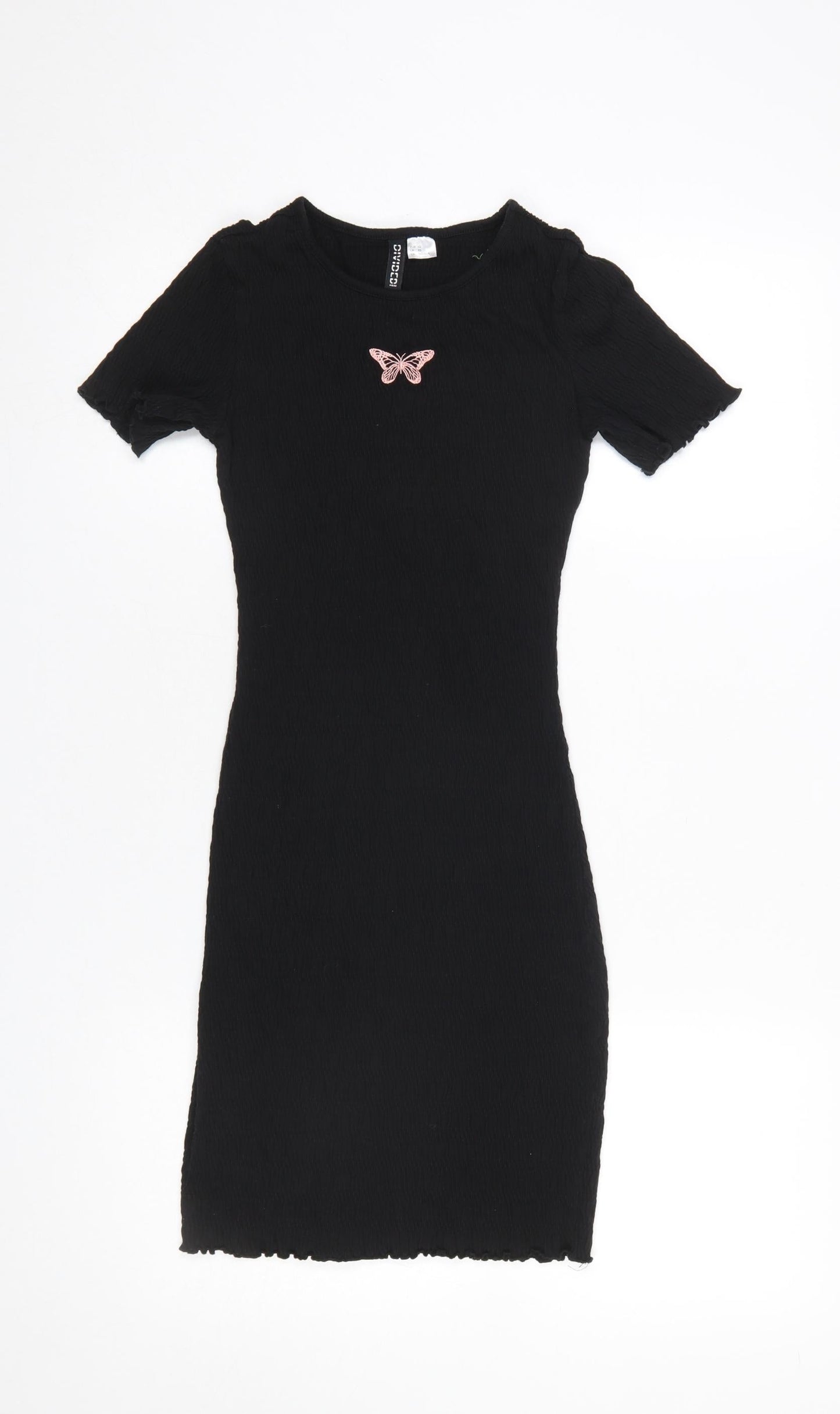 H&M Women’s Black Butterfly Bodycon Short Sleeve Mini Dress XS