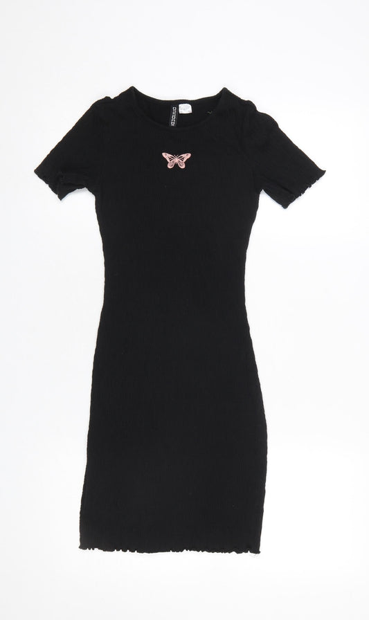 H&M Women’s Black Butterfly Bodycon Short Sleeve Mini Dress XS