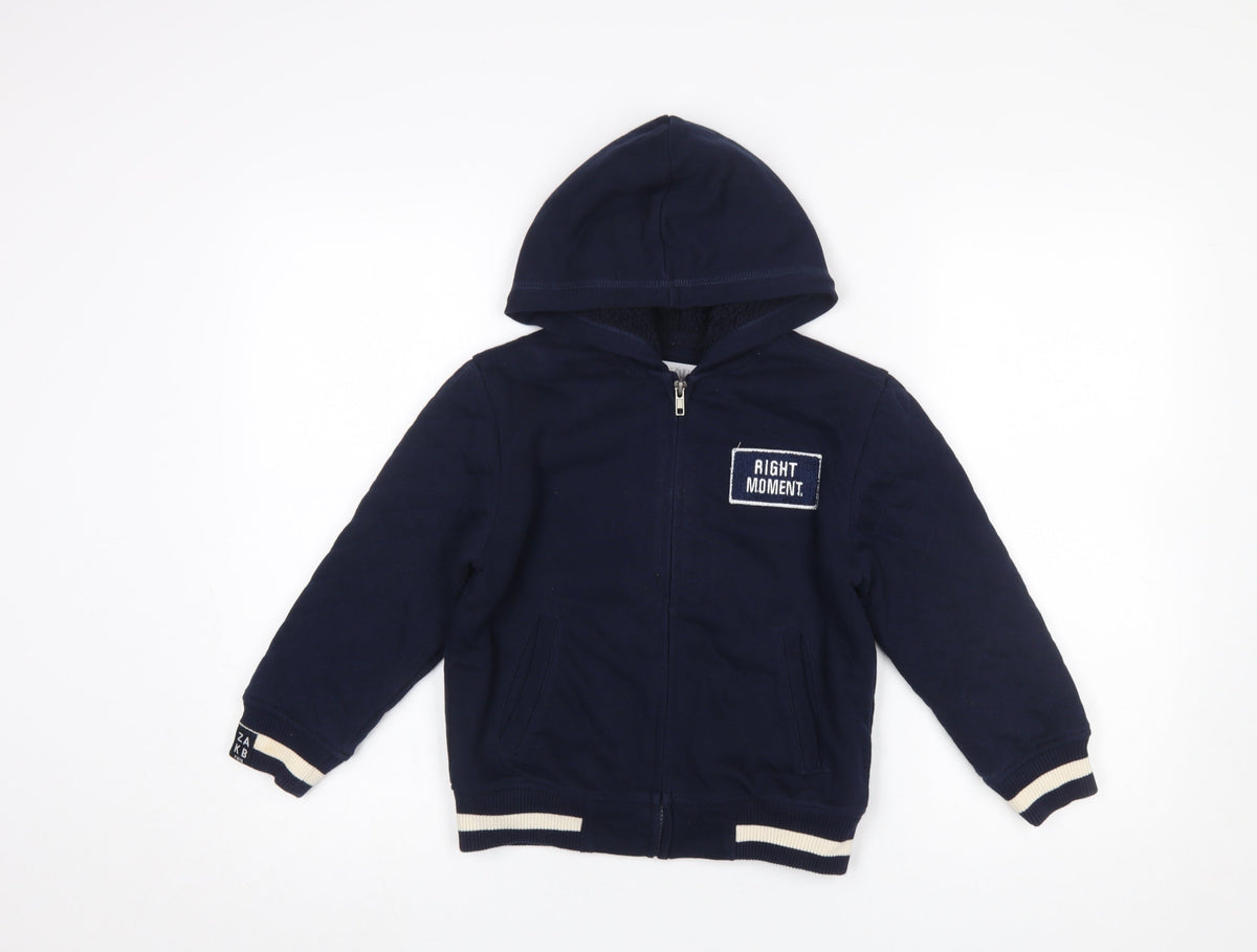 Zara Boys Navy Blue Full Zip Hoodie Size 7 Right Moment Embroidered
