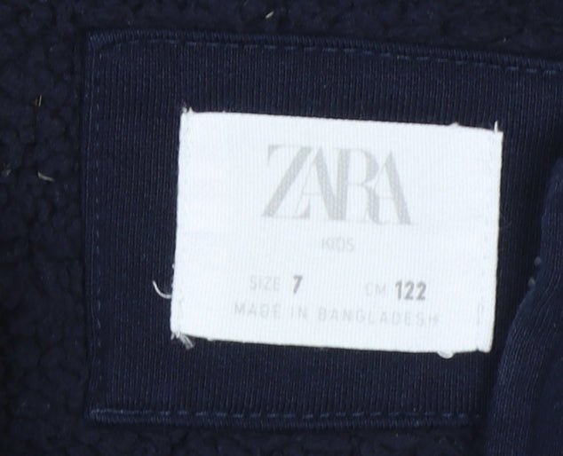 Zara Boys Navy Blue Full Zip Hoodie Size 7 Right Moment Embroidered