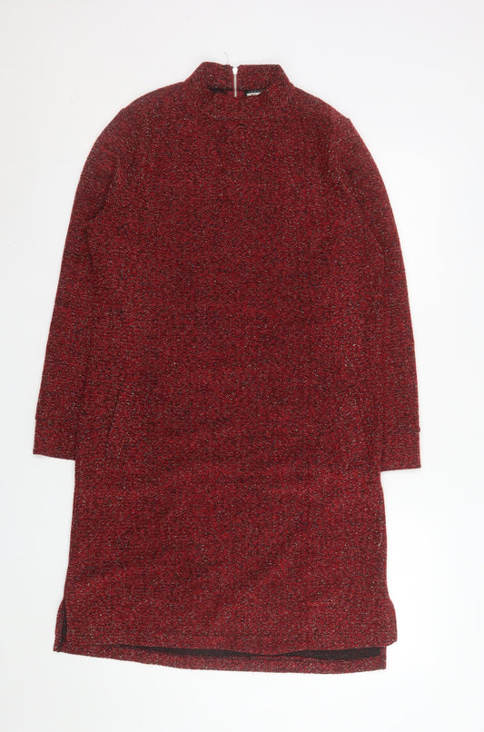Paco Boutique Womens Red Knit Shift Dress Size 10 Long Sleeve Zip Back