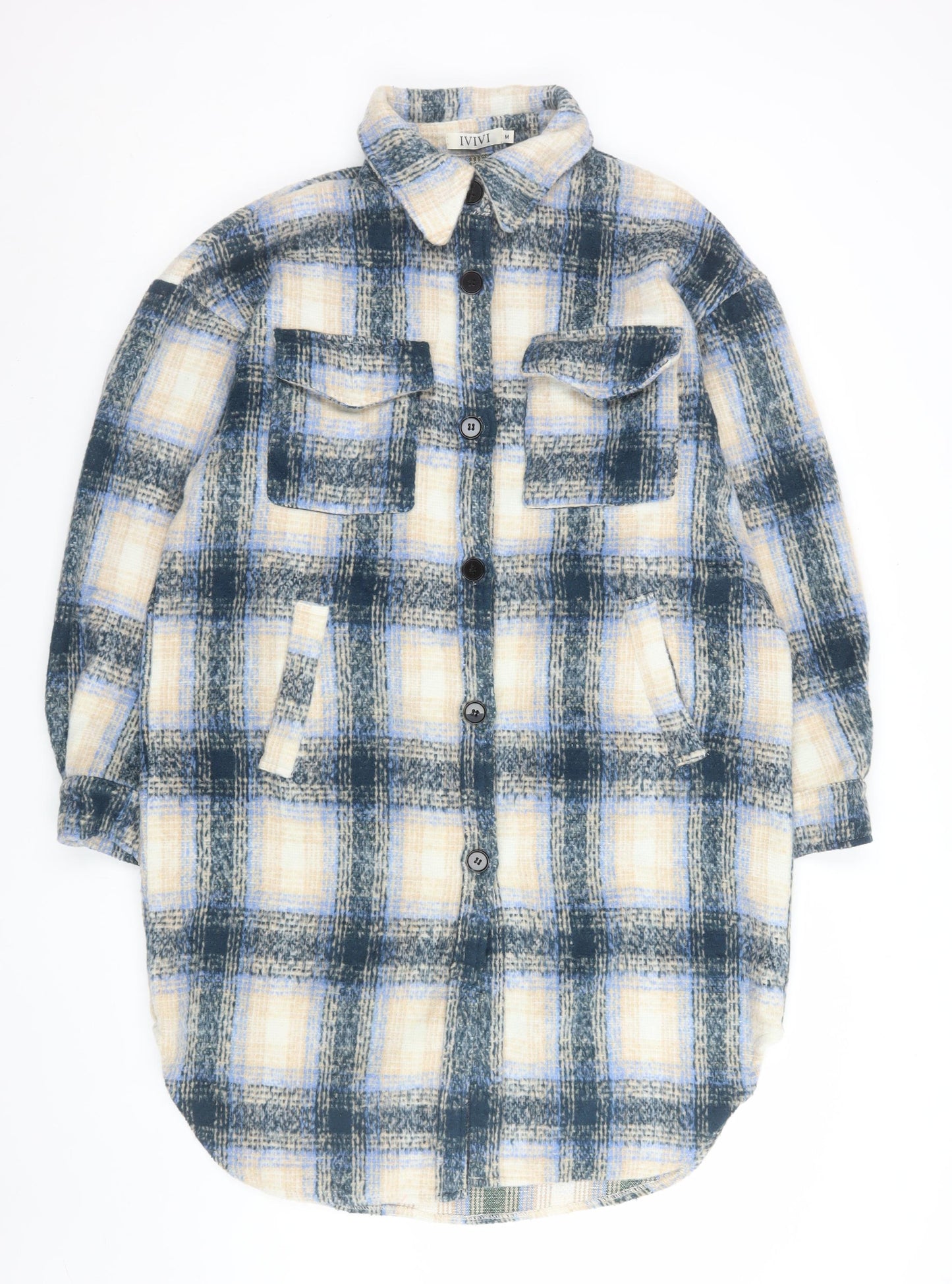 IVIVI Men's Blue Checked Mid-Length Flannel Jacket M