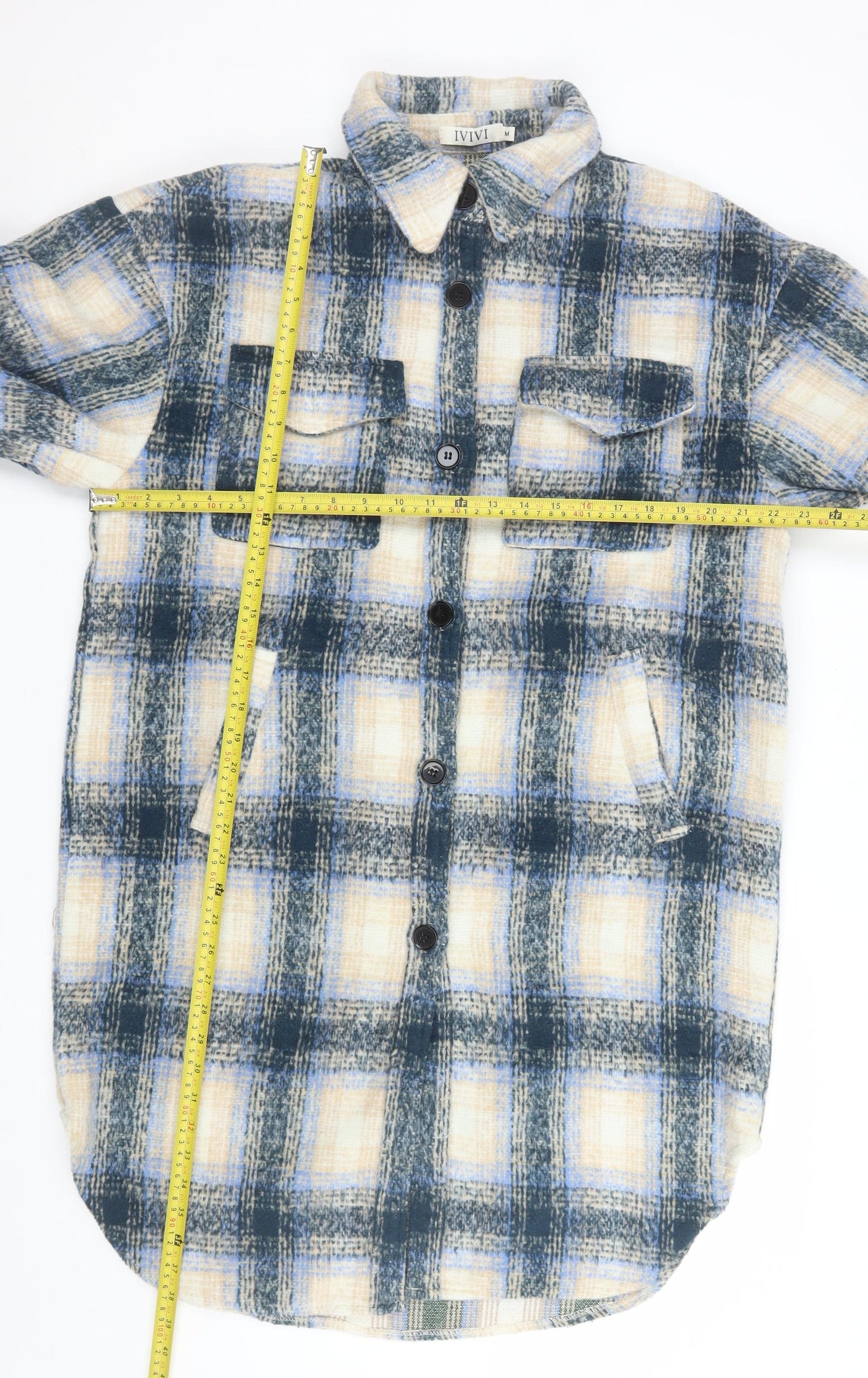 IVIVI Men's Blue Checked Mid-Length Flannel Jacket M