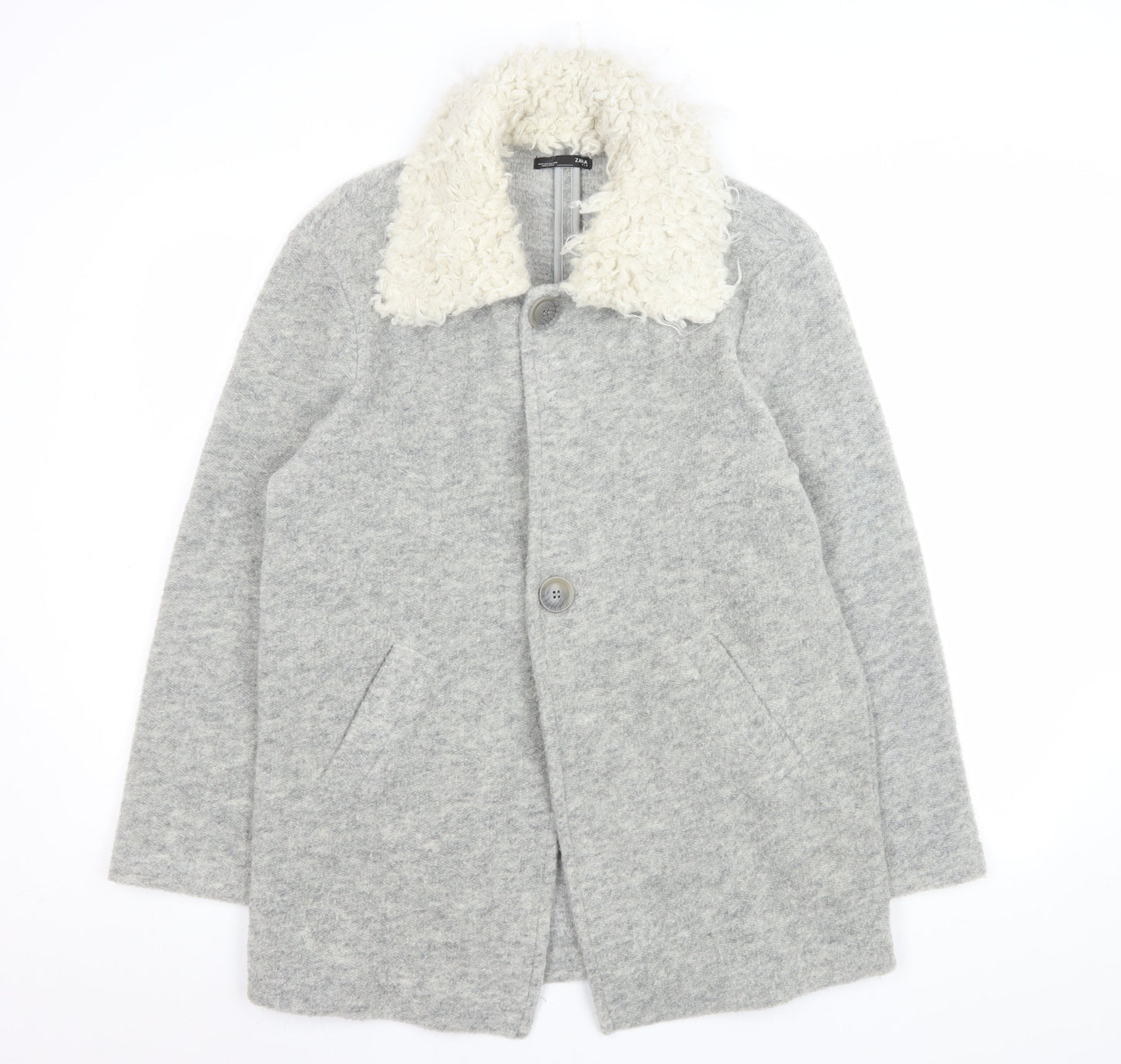 Zara Women Grey Wool Blend Fur Collar Mid-Length Coat Size S
